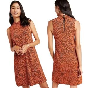 Anthropologie Brigitte Jacquard Orange Tiger Print Shift Mock Neck Dress